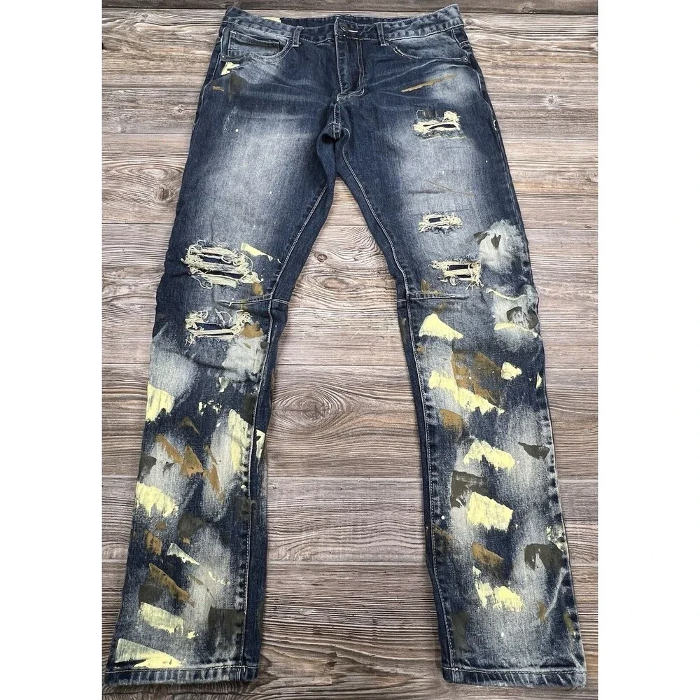 Smoke Rise Jeans 36x34 FITS 35x33 Straight Paint Brush Strokes Grunge Streetwear